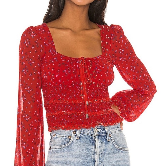 Free People Lolita Red Peasant Semi Crop Floral Blouse Red small - Picture 3 of 13